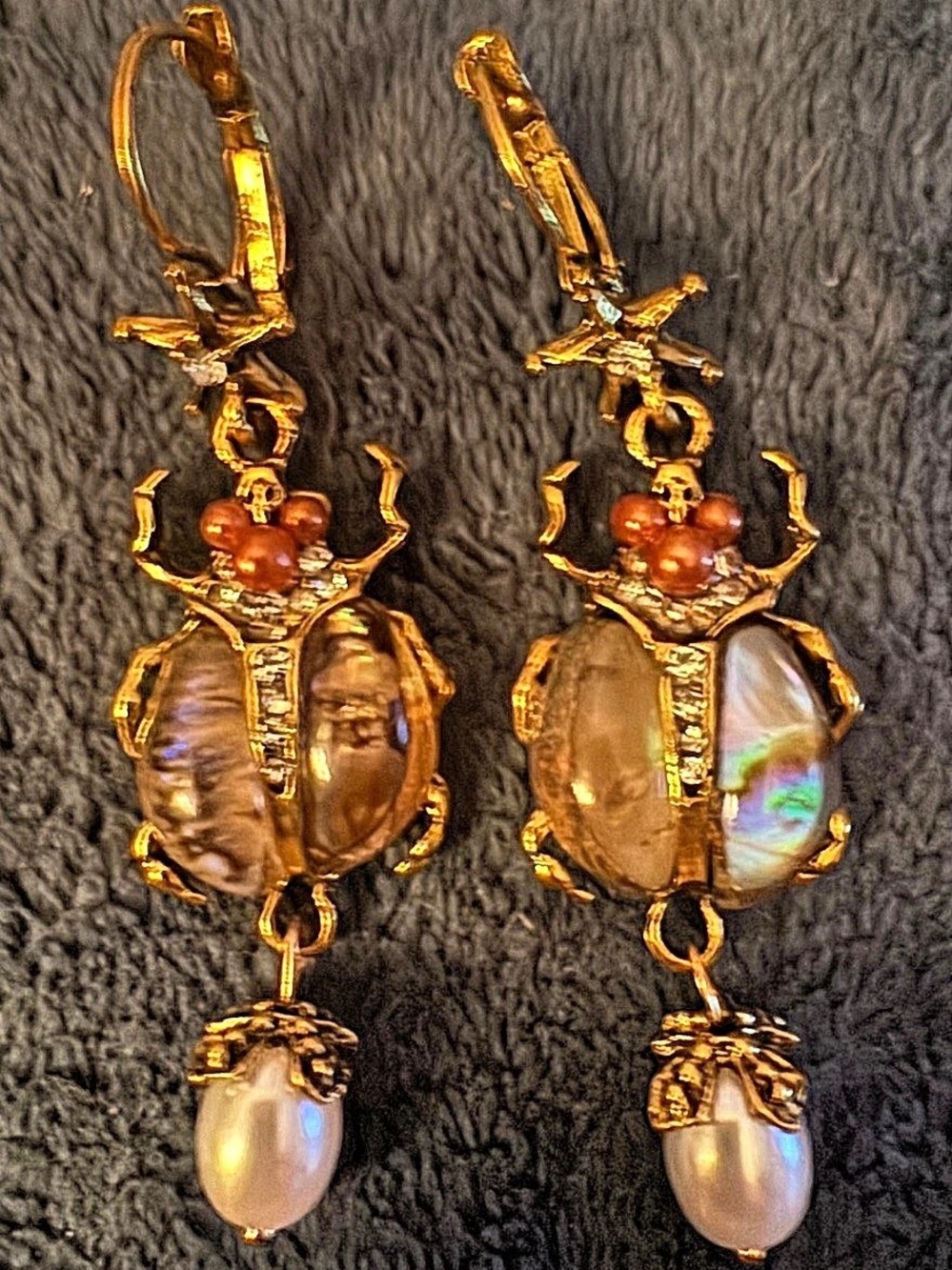 Beetle & Pearl Drop Earrings in Gold & Brown New